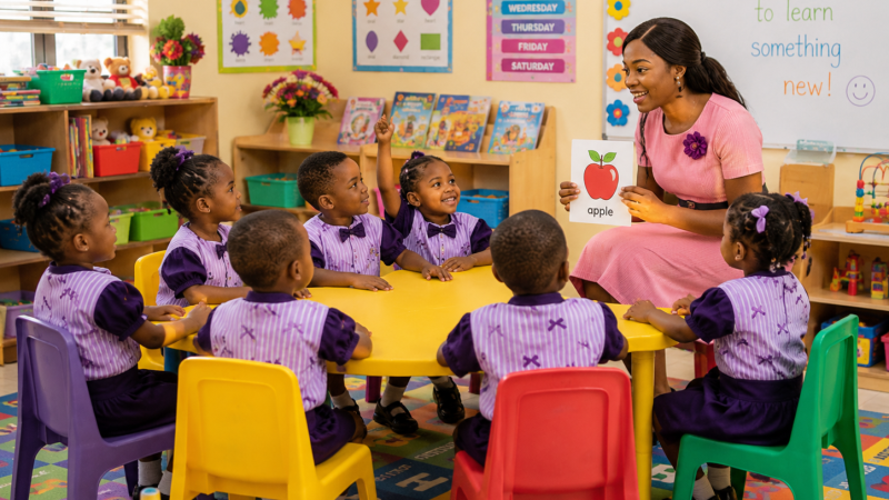 Nursery pupils learning phonics and numbers at IVIS